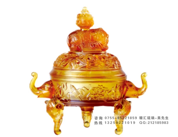 琥珀色吉祥八寶香爐，寺廟家居可用琉璃工藝品批發(fā)